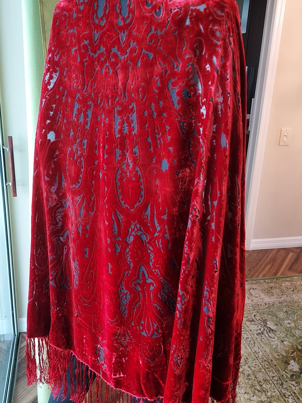 Luxurious Red Velvet Fringe Burn- Out Wrap Women's Accessory. 70 X 38 - Picture 4 of 11